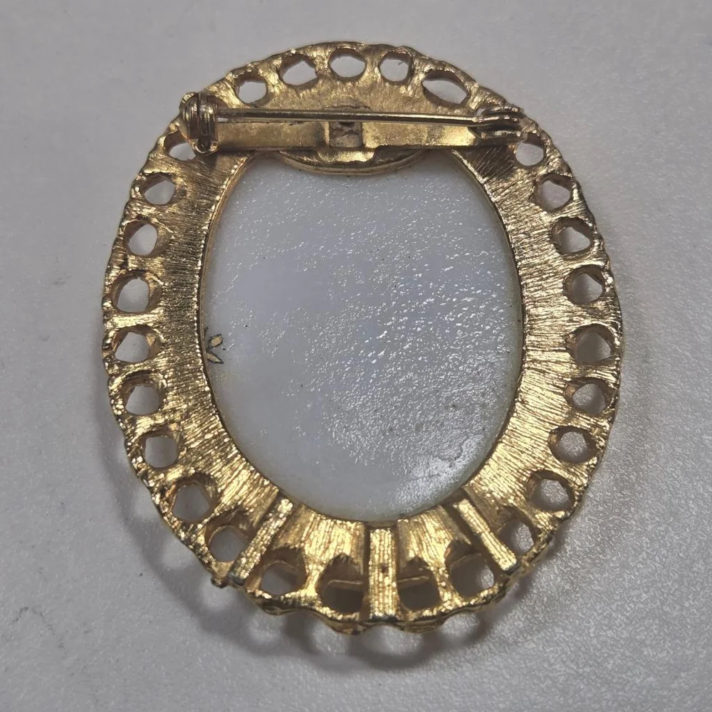 Vintage Cameo Brooch Women's Gold & White Floral Transfer Milk Glass Collectible